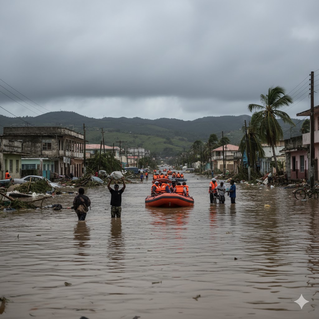 Flooded streets in St. Elizabeth Parish with residents navigating debris after Hurricane Melissa’s landfall. 
