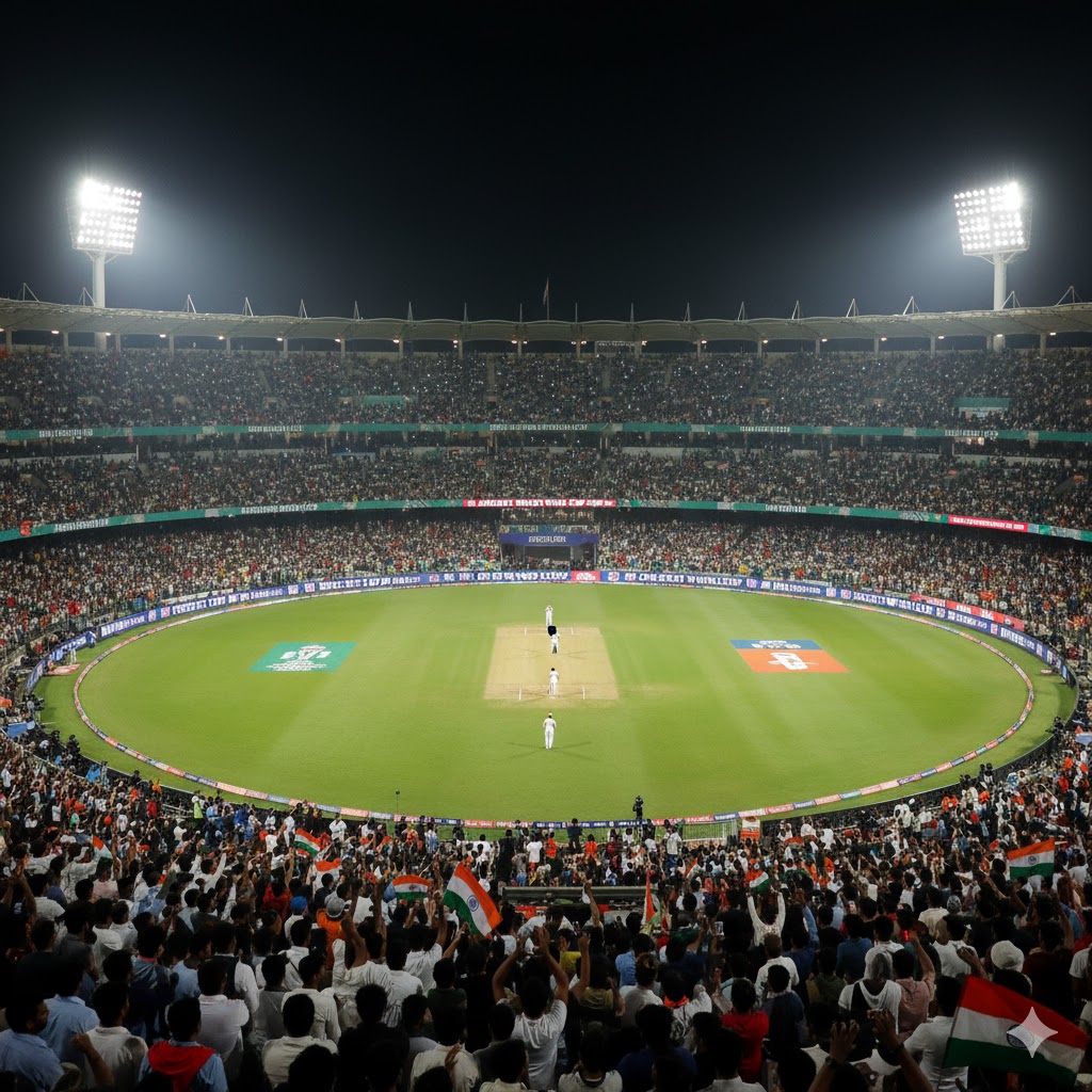 Floodlit cricket stadium with cheering fans during Cricket World Cup 2026 India
