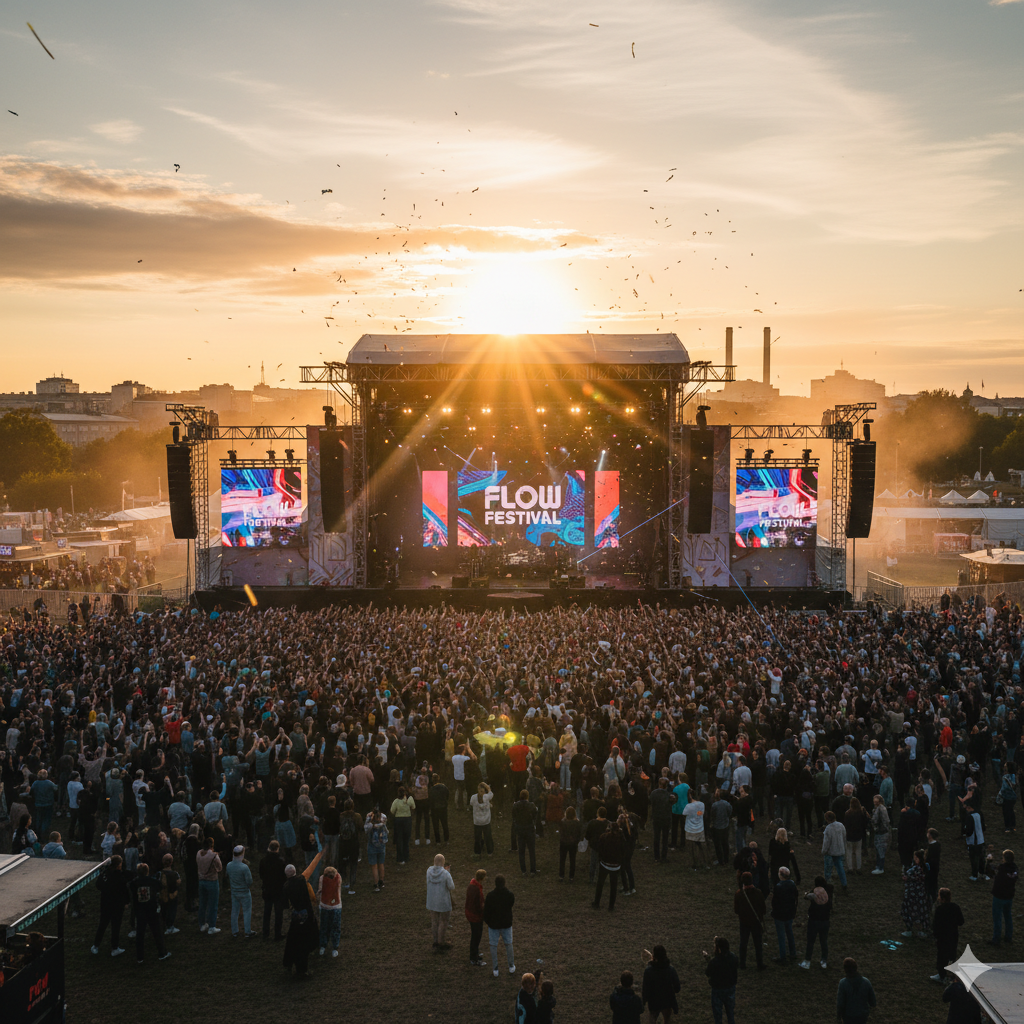Flow Festival Helsinki 2026 main stage sunset crowd