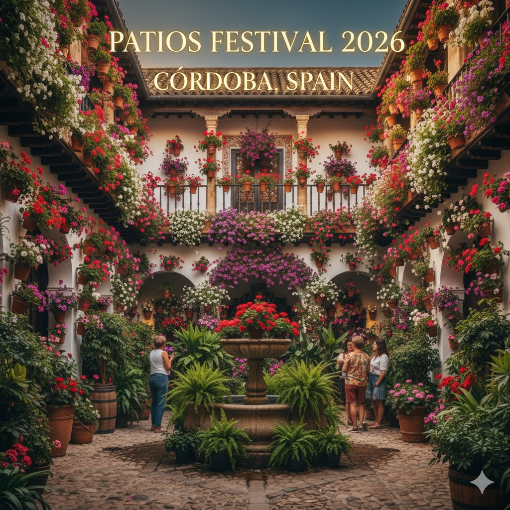 Flower-decorated courtyard during Patios Festival 2026 in Córdoba, Spain