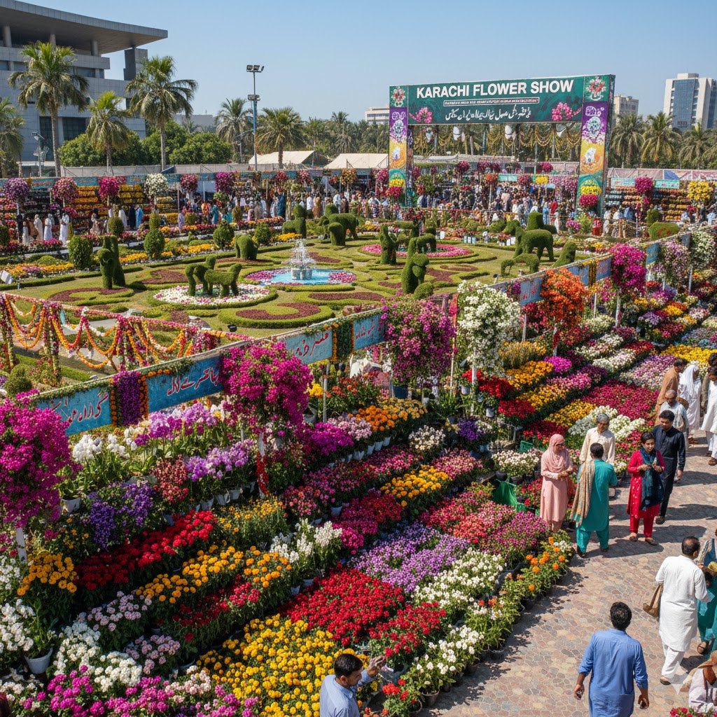 Flower stalls and decorative gardens at Karachi Flower Show