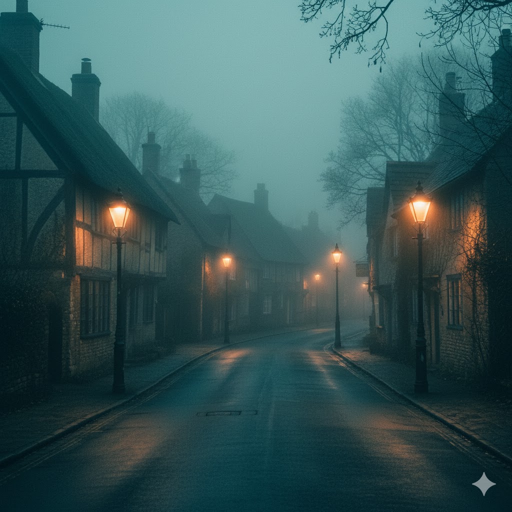 Fog-covered street in Pluckley, England, lined with vintage cottages and gas-lit lamps.