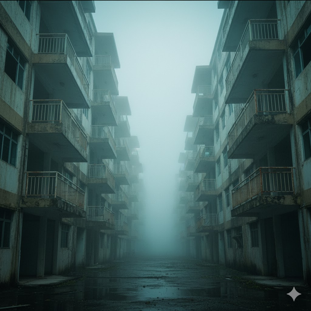 Fog drifting through decaying balconies of Malaysia’s Amber Court in Genting Highlands.

