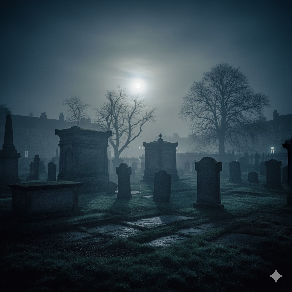  Fog swirling between old gravestones in Greyfriars Kirkyard under moonlight.