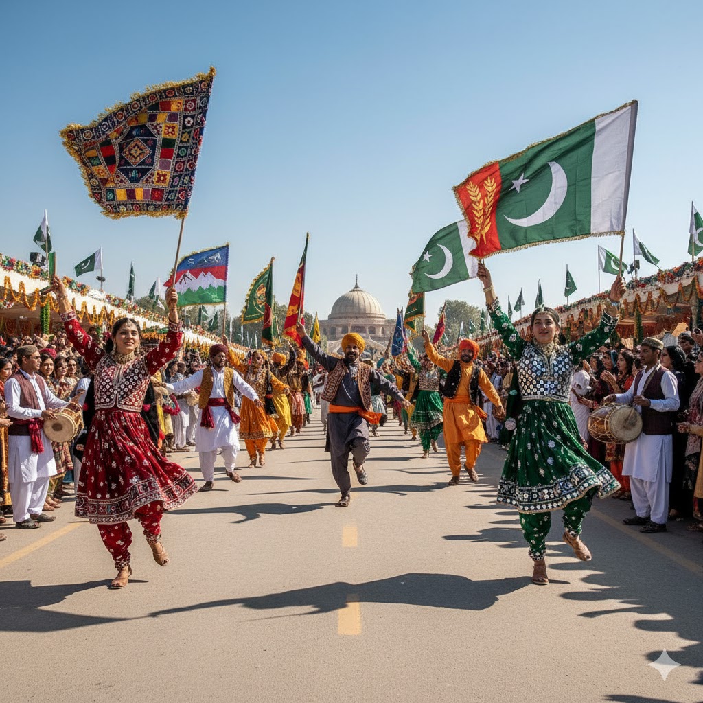Folk dancers from all provinces performing during the Lok Virsa Mela Islamabad parade, waving regional flags under bright sunlight. Folk dancers from all provinces performing during the Lok Virsa Mela Islamabad parade, waving regional flags under bright sunlight.