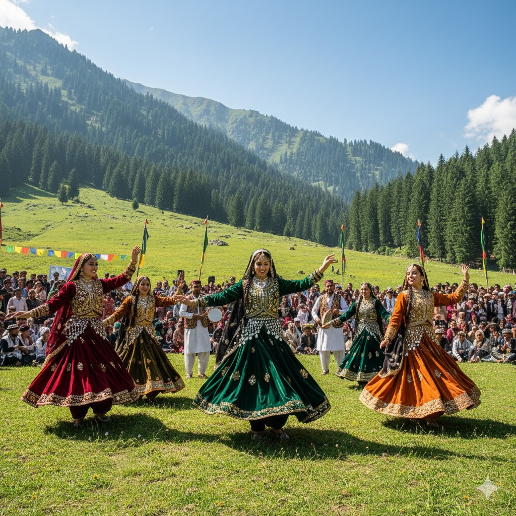 Folk dancers in colorful Kashmiri outfits performing during Leepa Cultural Festival surrounded by lush meadows.