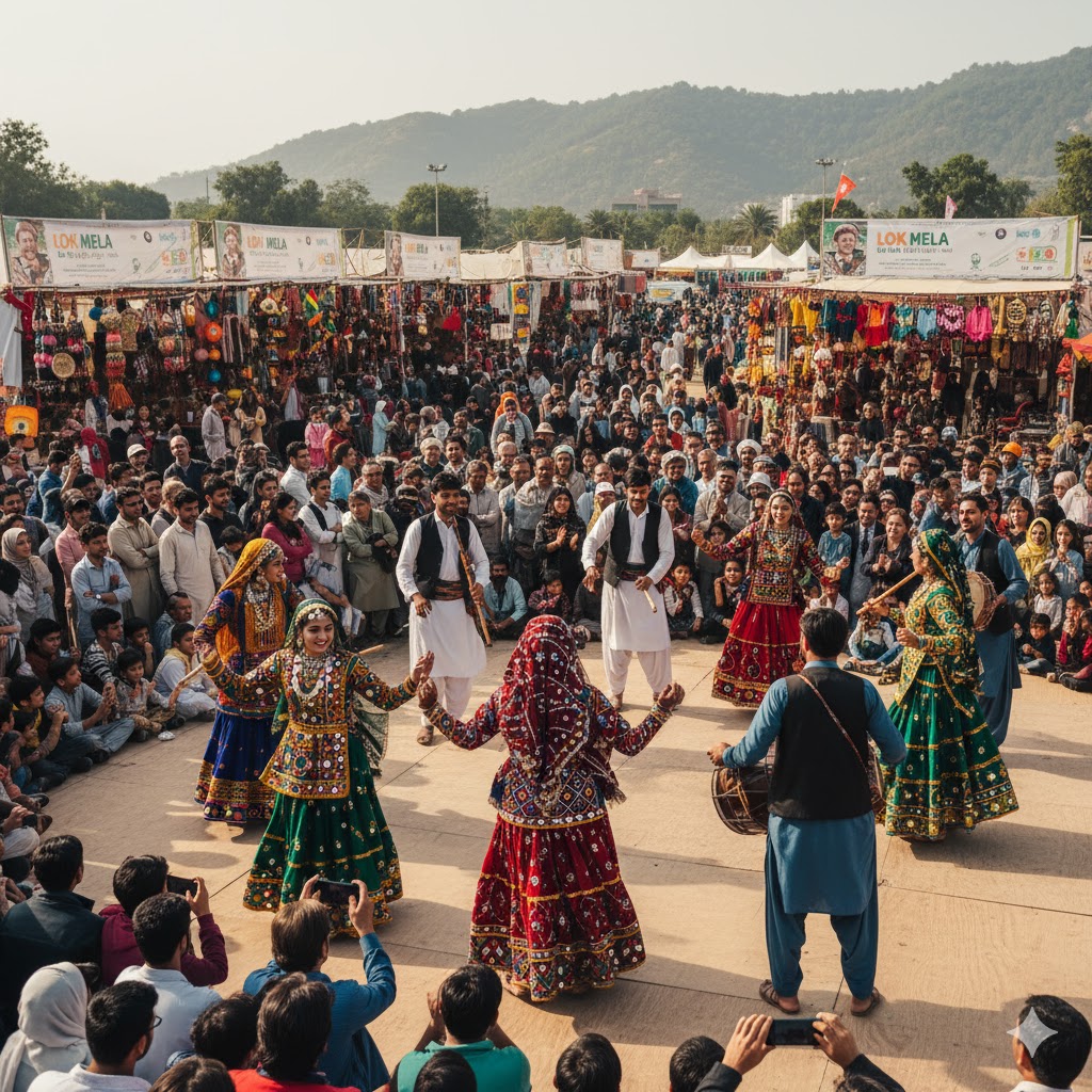 Folk dancers performing at Lok Mela Islamabad with colorful traditional costumes and crowds watching