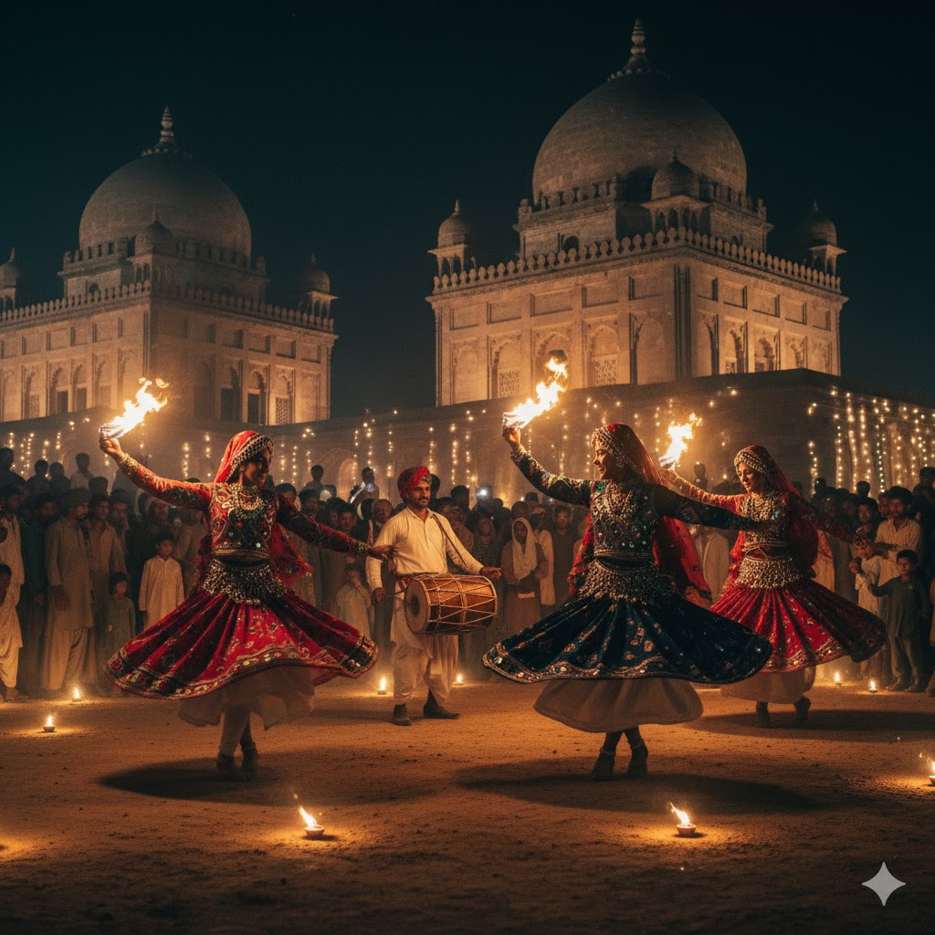 Folk dancers performing near Makli tombs during cultural fair celebrations in Thatta, Sindh. Folk dancers performing near Makli tombs during cultural fair celebrations in Thatta, Sindh.