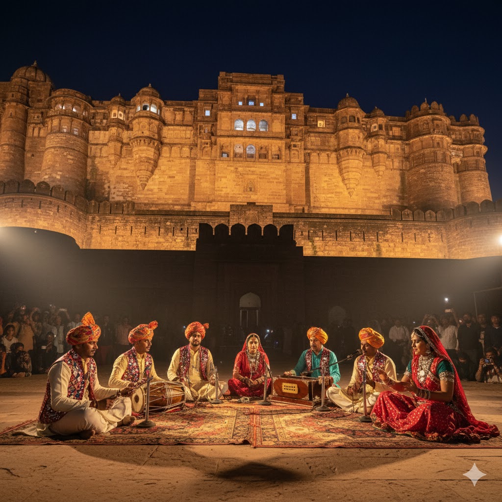Folk musicians performing beneath Mehrangarh Fort’s illuminated walls.