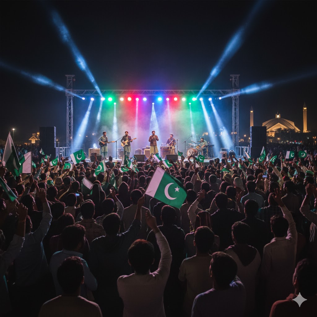 Folk musicians performing under colorful lights at Lok Virsa Mela Islamabad night concert, crowd waving flags in the background. Folk musicians performing under colorful lights at Lok Virsa Mela Islamabad night concert, crowd waving flags in the background.