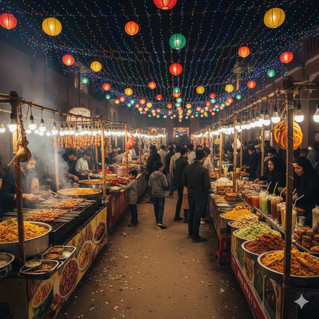 Food street at Lok Virsa Mela Islamabad 2025 showing stalls of kebabs, biryani, halwa, and traditional drinks under colorful lights. Food street at Lok Virsa Mela Islamabad 2025 showing stalls of kebabs, biryani, halwa, and traditional drinks under colorful lights.