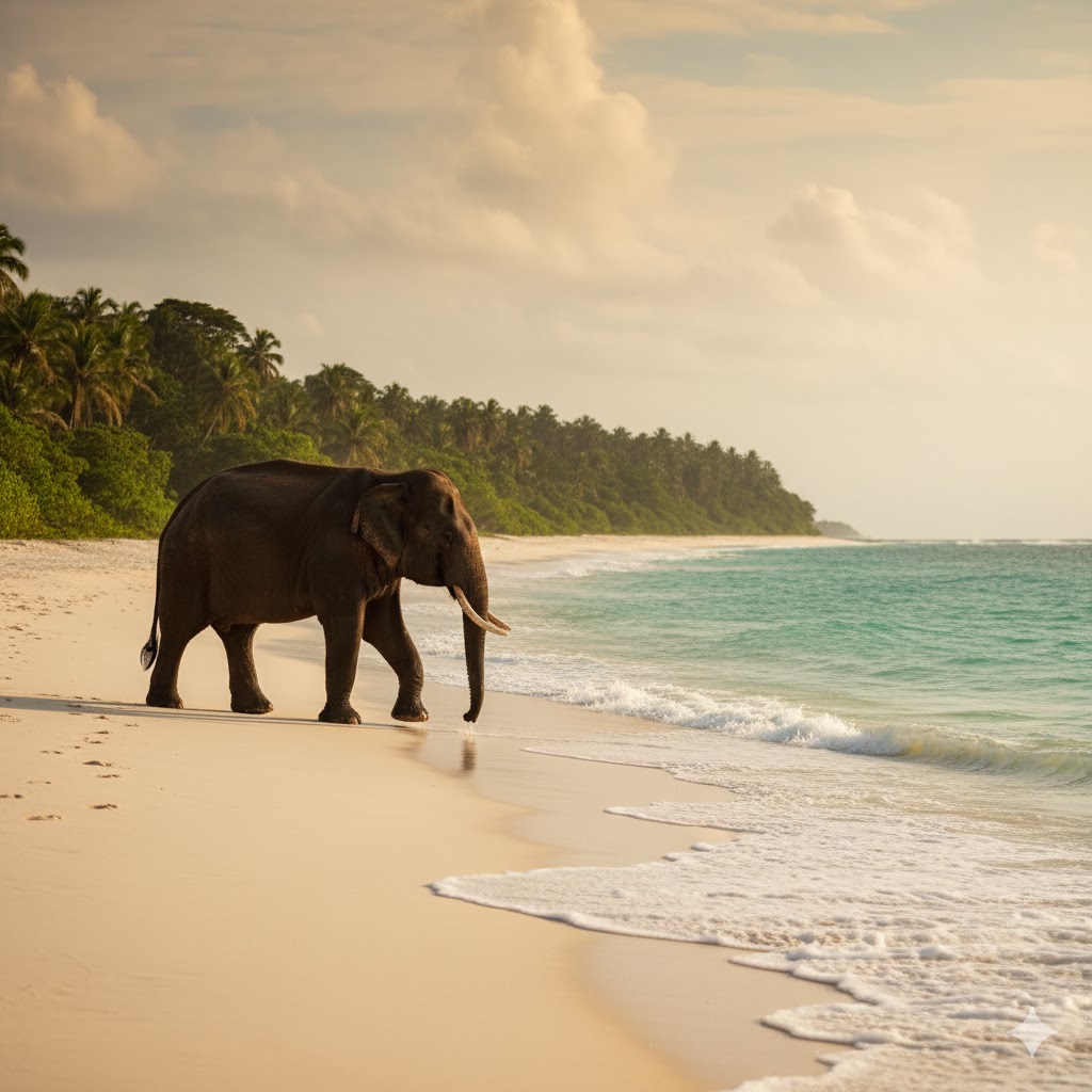 Forest elephant walking along beach in Loango National Park, Gabon