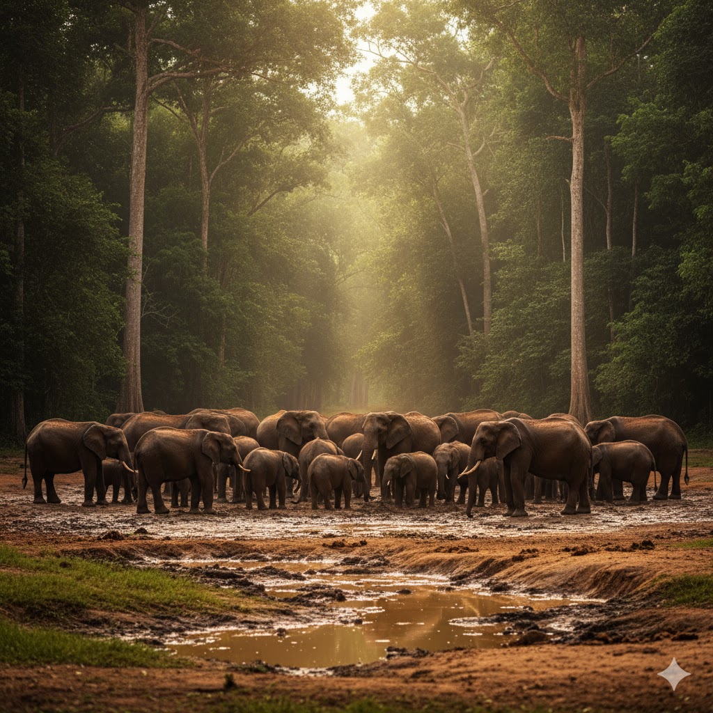 Forest elephants gathering at Dzanga Bai, Central African Republic