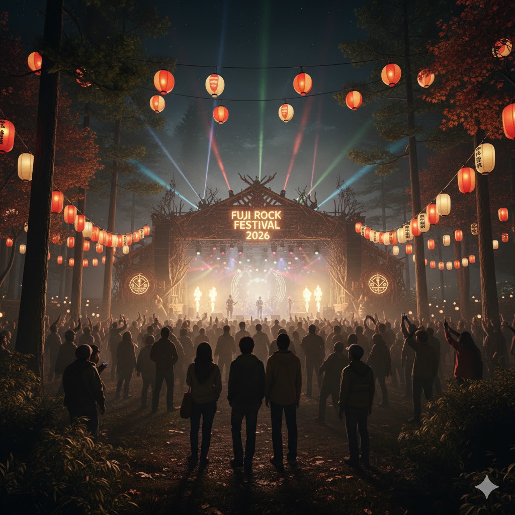 Forest stage with lanterns glowing during Fuji Rock Festival 2026 Japan.