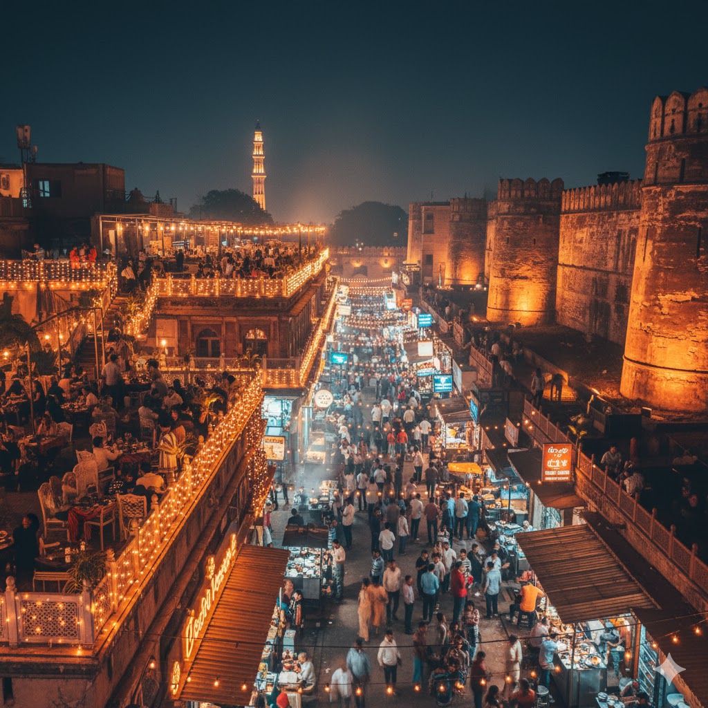 Fort Road Food Street Lahore at night with lights and rooftop dining view