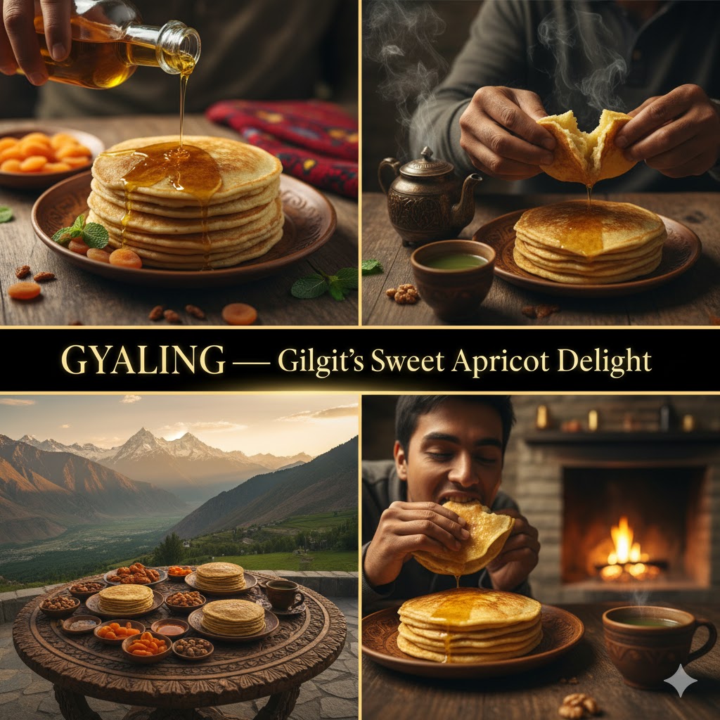 Freshly cooked Gyaling pancakes drizzled with apricot oil in Gilgit Baltistan