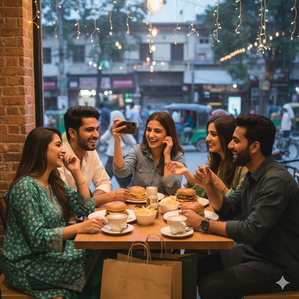 Friends enjoying burgers and coffee after shopping spree in Lahore