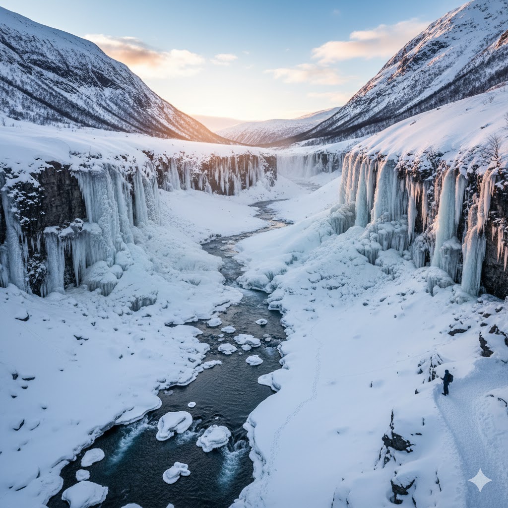 Frozen Vøringsfossen waterfall in Norway glowing under the winter sun. Frozen Vøringsfossen waterfall in Norway glowing under the winter sun.