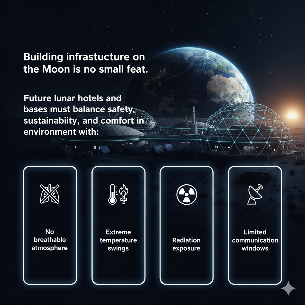 Future lunar hotels and bases building infrastructure on Moon