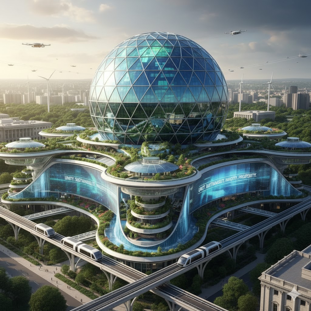 Futuristic Capitol building showing next-decade American policy vision