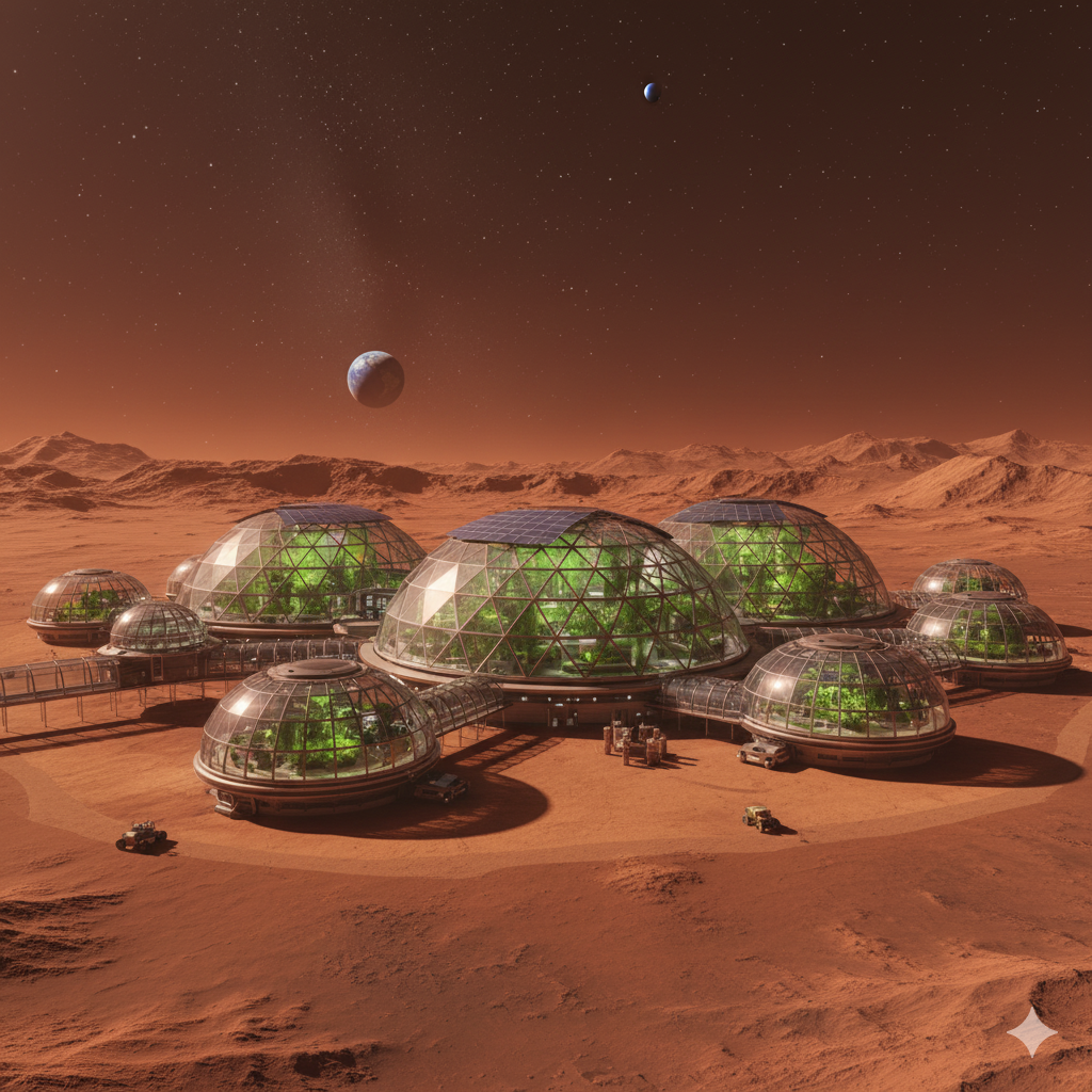 Futuristic Mars resort with domed greenhouses and glass observation pods under a red sky