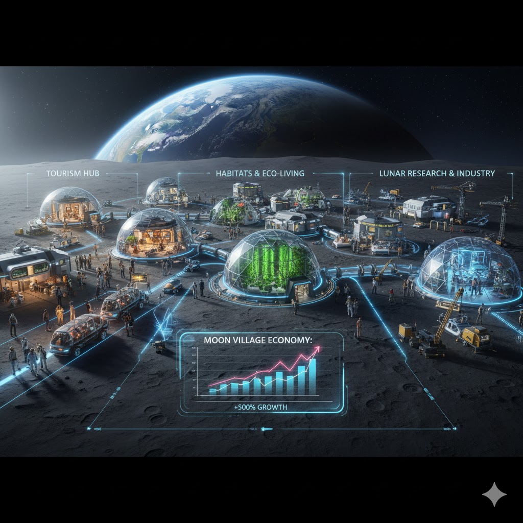 Futuristic Moon Village economy concept showing tourists, habitats, and lunar research centers