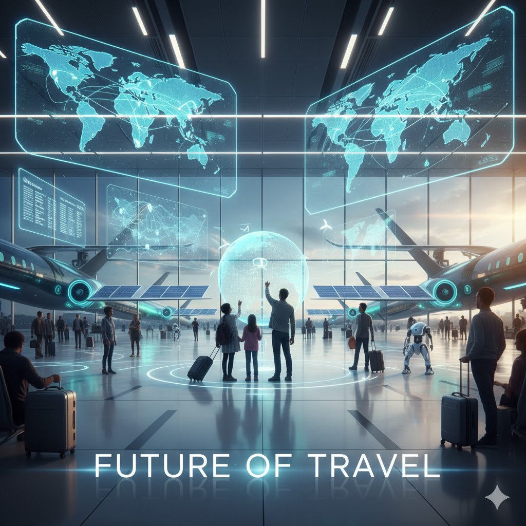 Futuristic airport scene with holographic travel maps and eco-friendly aircraft, representing the future of travel