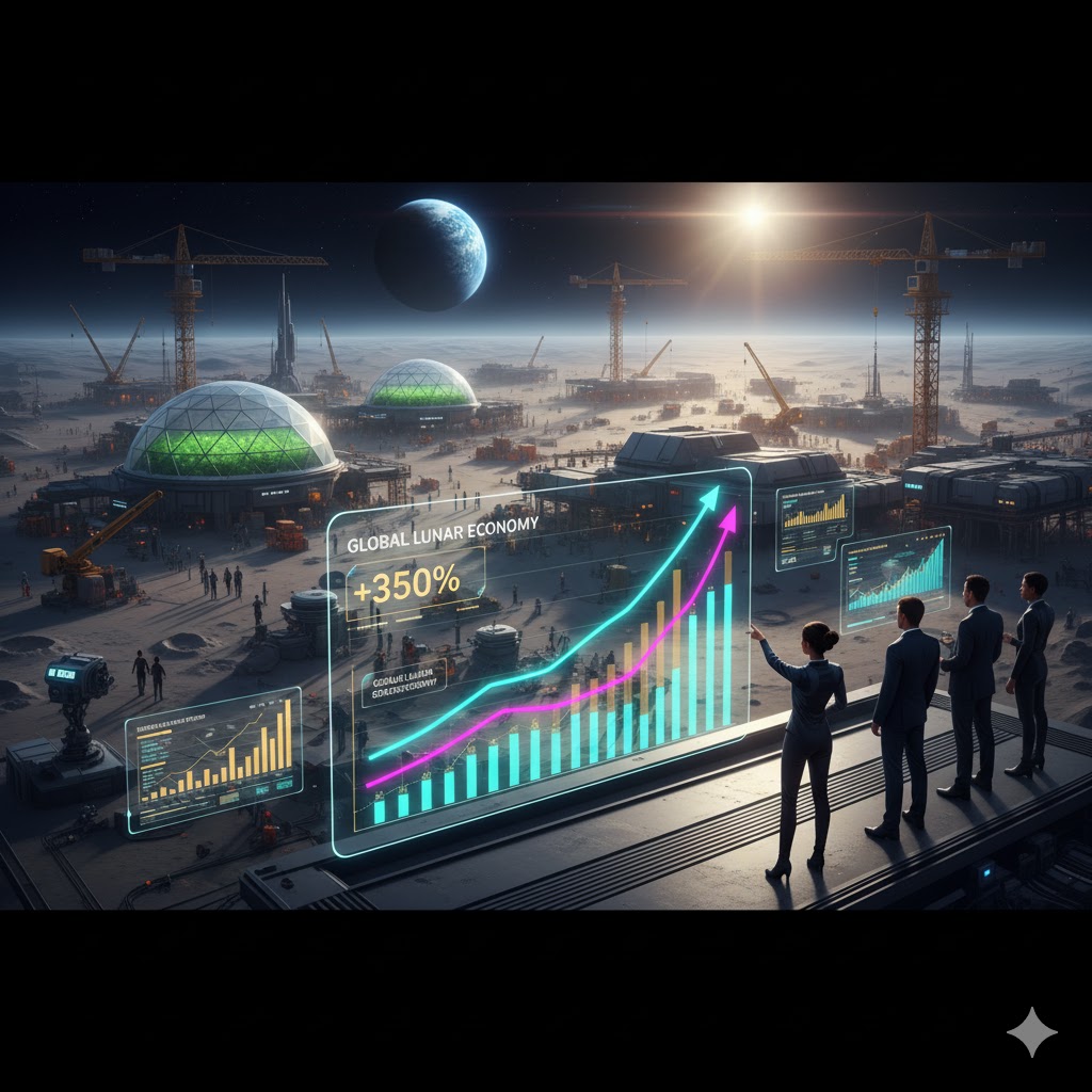 Futuristic business concept showing lunar base construction and financial growth charts