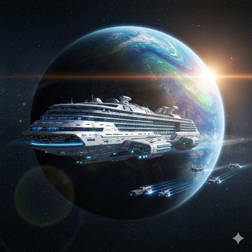 Futuristic galactic cruise approaching a glowing exoplanet