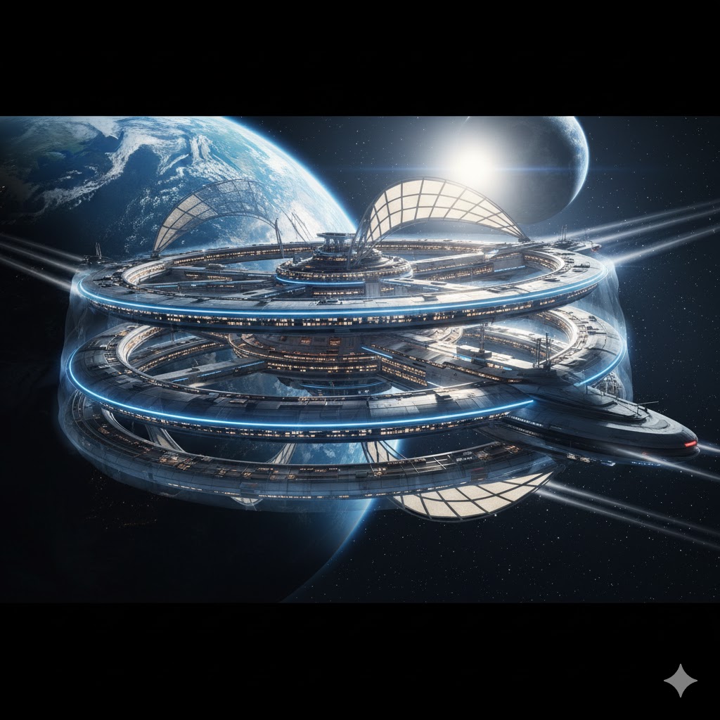 Futuristic galactic cruise ship with solar sails and rotating rings for artificial gravity