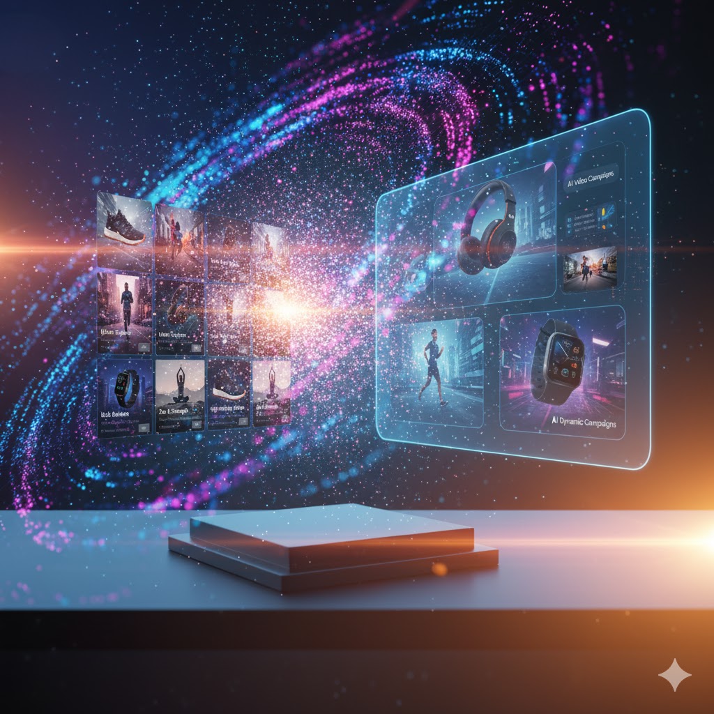 Futuristic image of AI transforming static ads into dynamic video campaigns