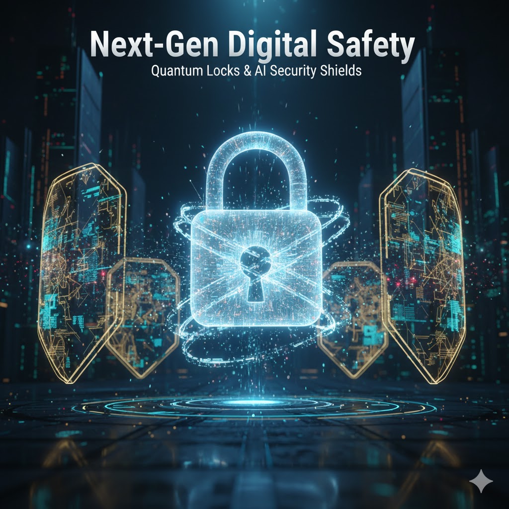 Futuristic image showing quantum locks and AI security shields symbolizing next-gen digital safety.