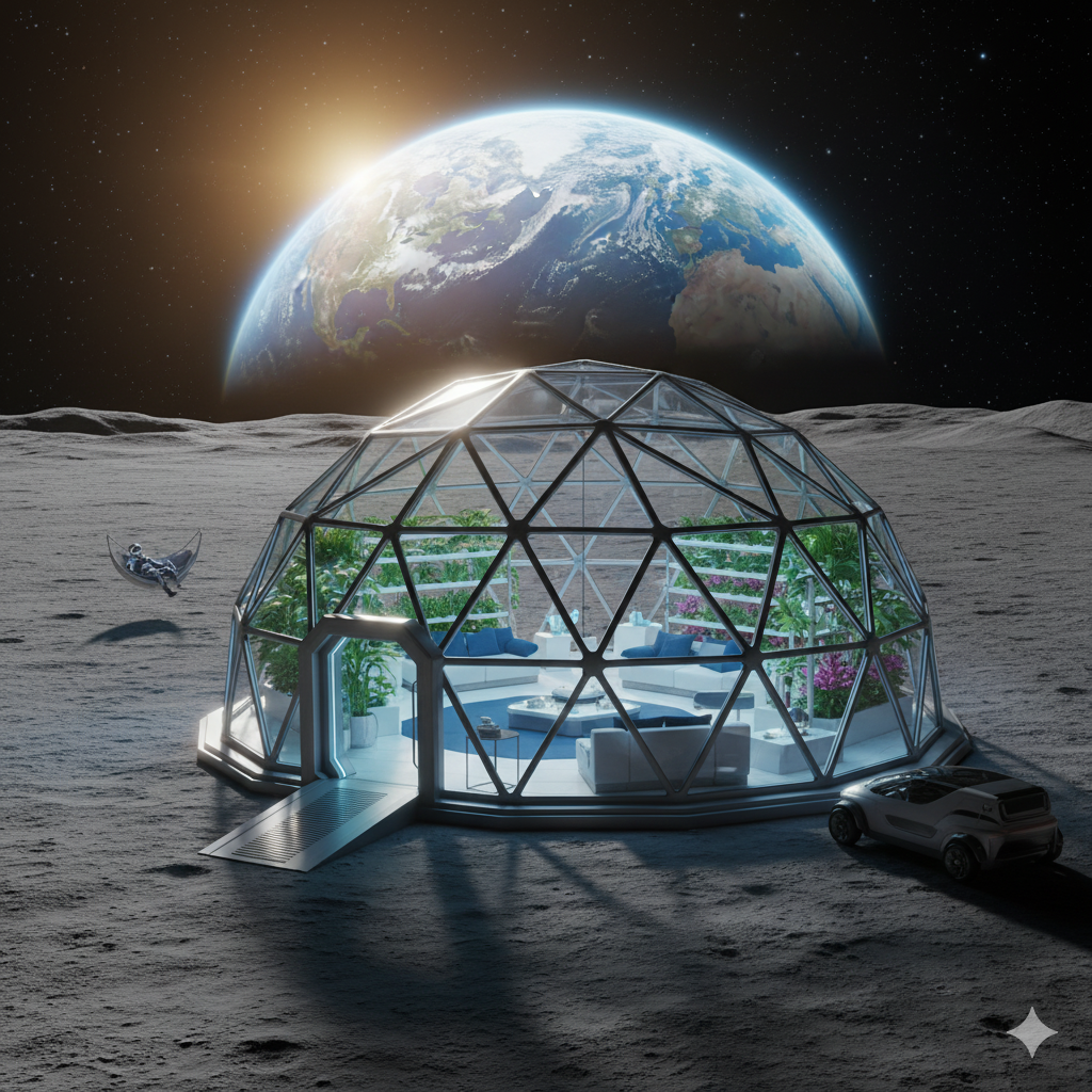 Futuristic lunar dome retreat under the Earthrise
