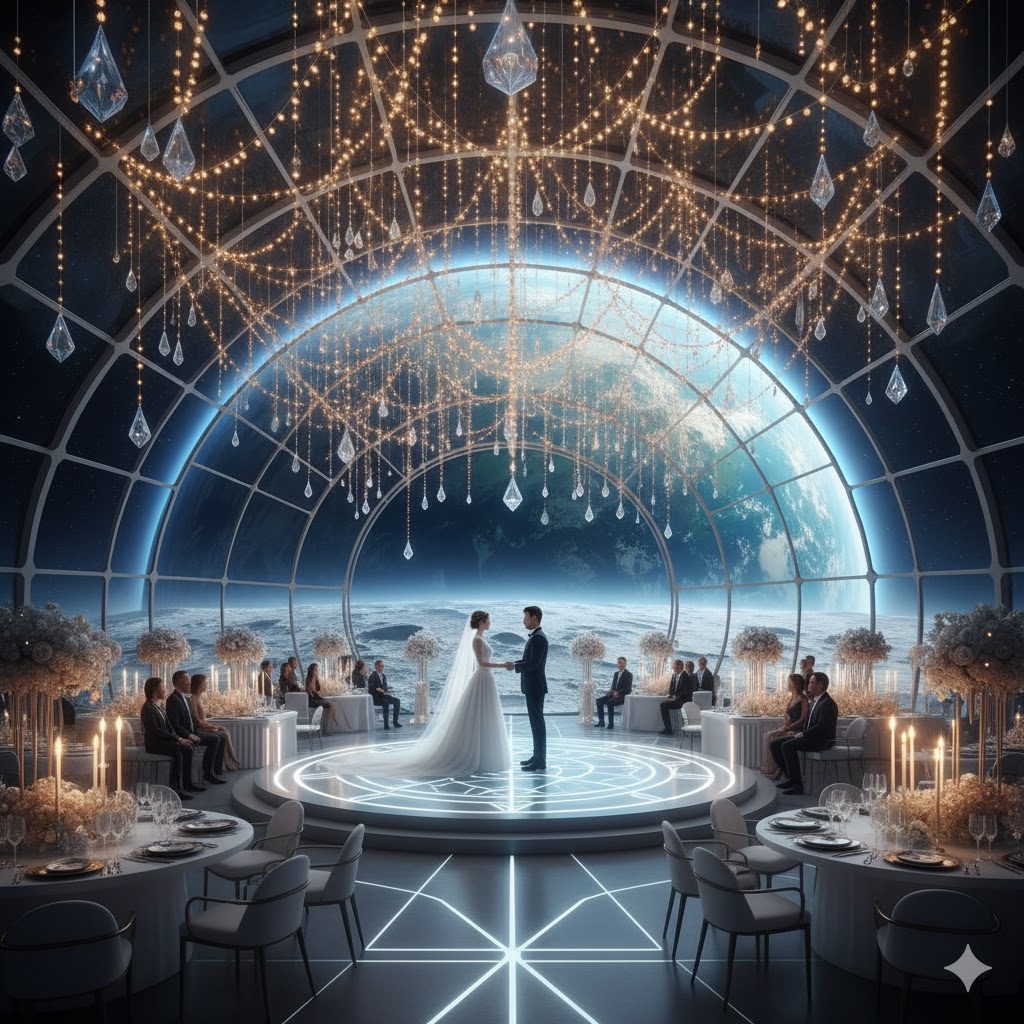 Futuristic lunar dome wedding venue with glowing interior lights and panoramic Earth view
