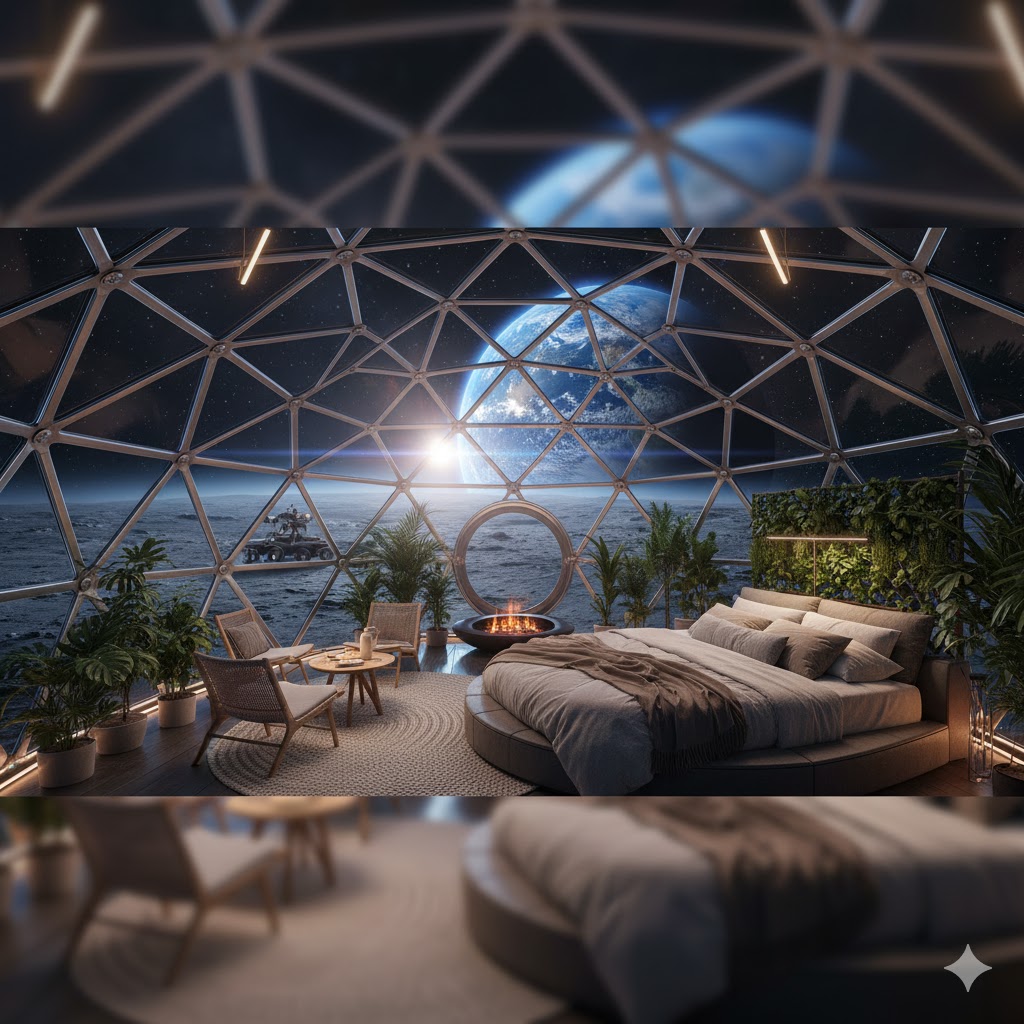 Futuristic lunar glamping dome with eco-luxury interior and panoramic view of Moon and stars