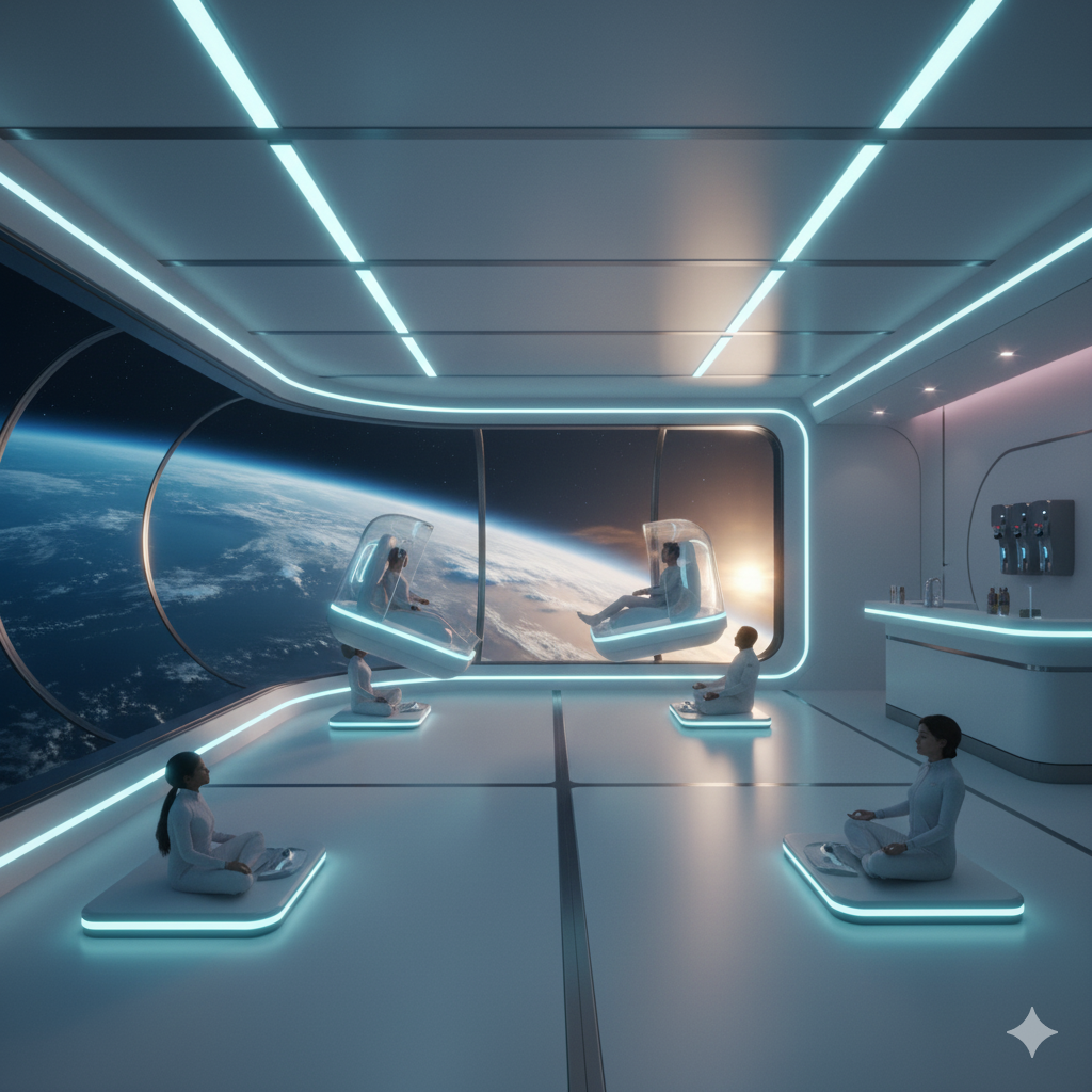 Futuristic orbital spa suite with panoramic Earth view and floating massage pods