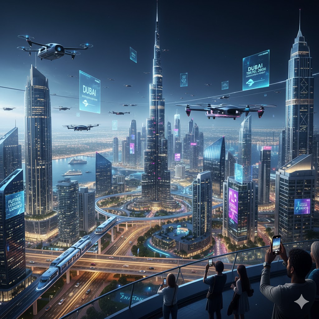 Futuristic skyline night view Dubai 2026 travel innovation UAE