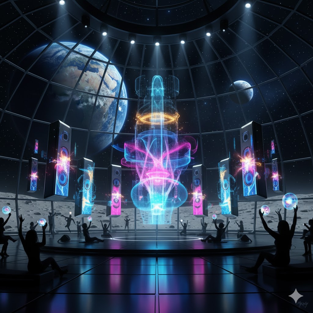 Futuristic sound system with floating holographic speakers inside space concert dome