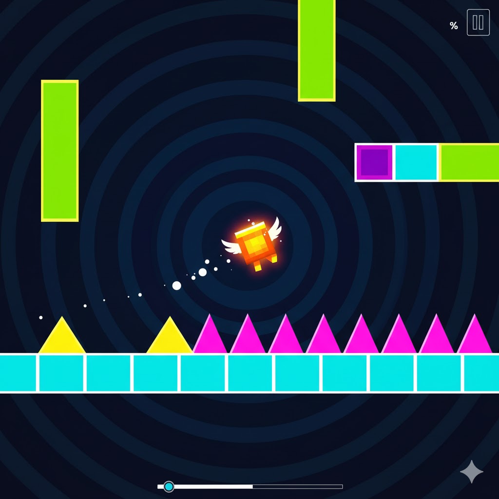 Gameplay screenshot of Geometry Dash with a cube navigating through a spike-filled level.