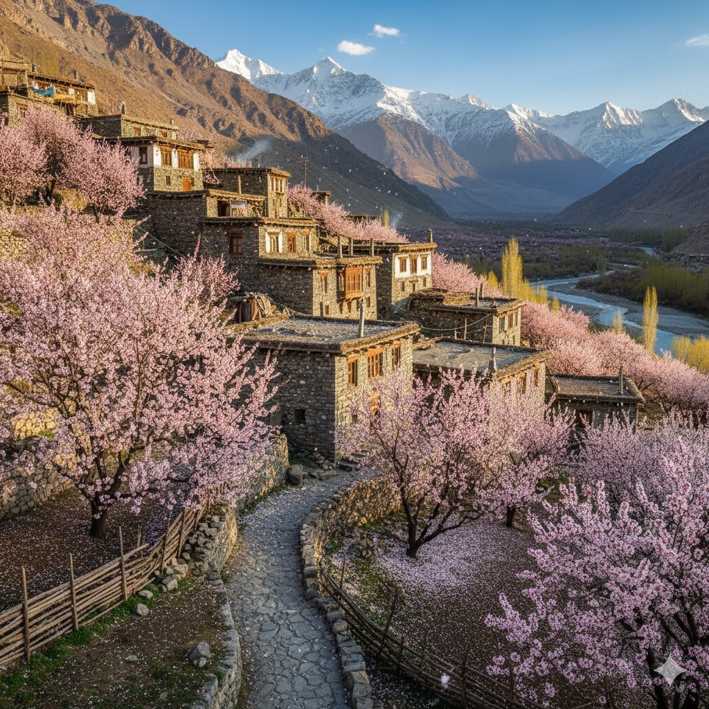 Ganish Village traditional stone houses surrounded by blooming apricot trees in spring