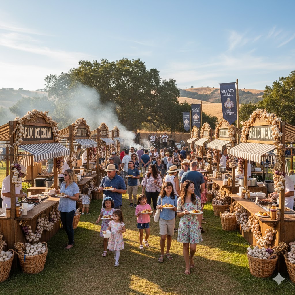 Garlic-themed food stalls and visitors enjoying the Gilroy Garlic Festival in California under summer sun