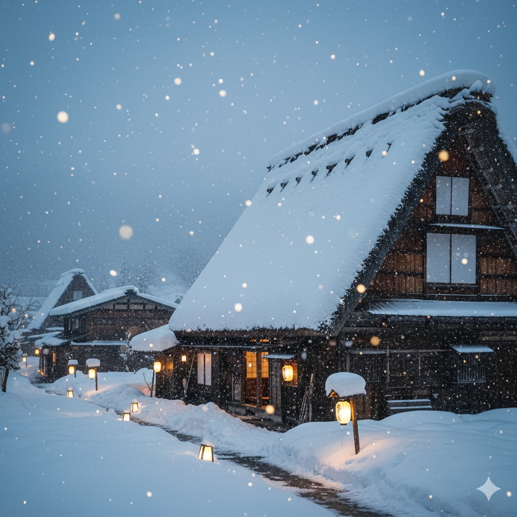 Gassho-zukuri traditional house in Shirakawa-go, Japan covered in snow 