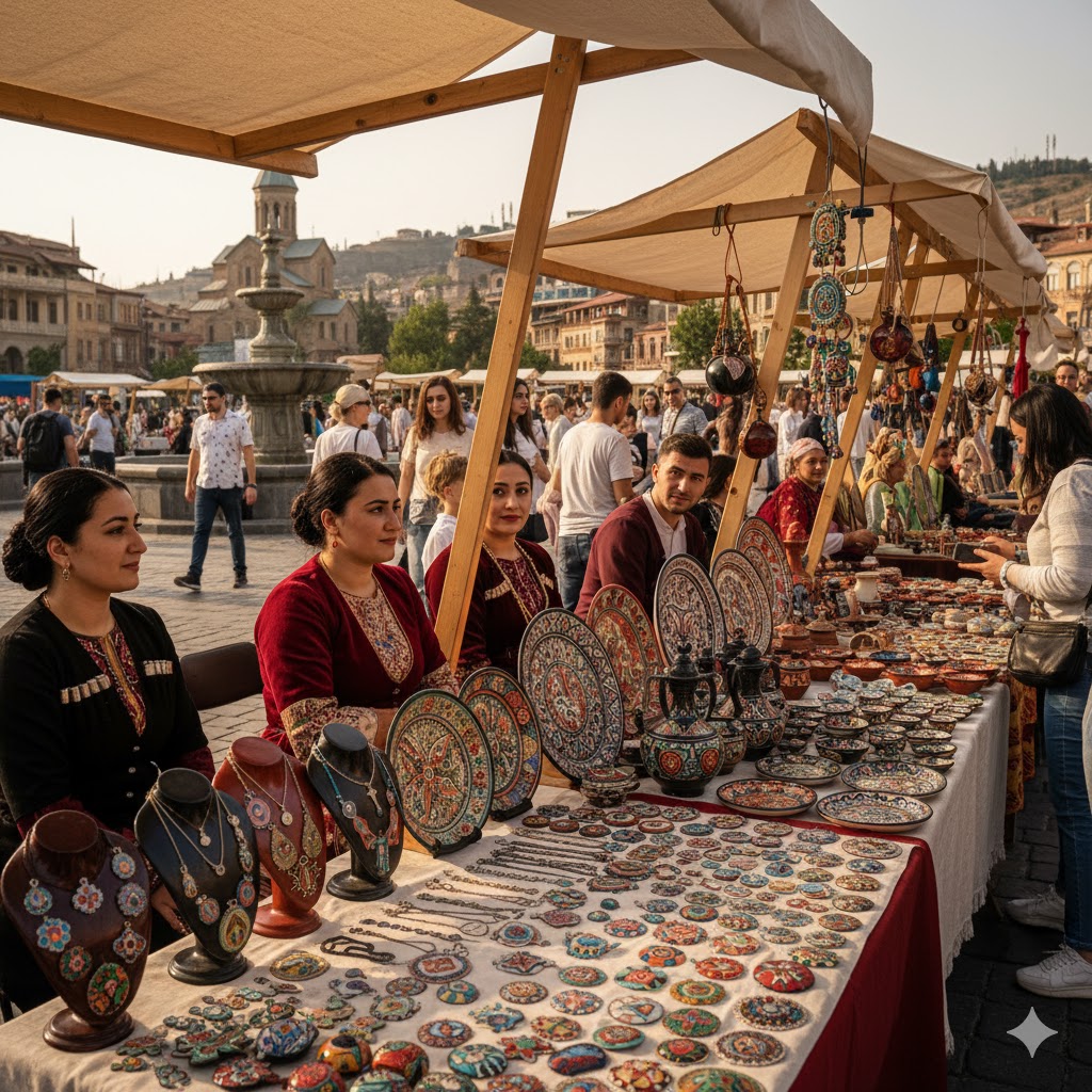 Georgian artisans displaying enamel and pottery crafts in Tbilisi market square.