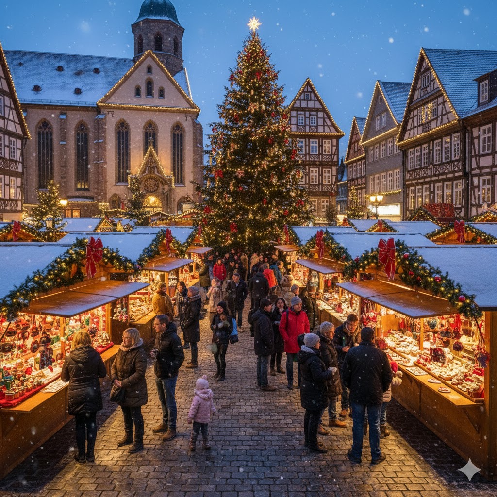 German Christmas market with wooden stalls and festive lights in a town square