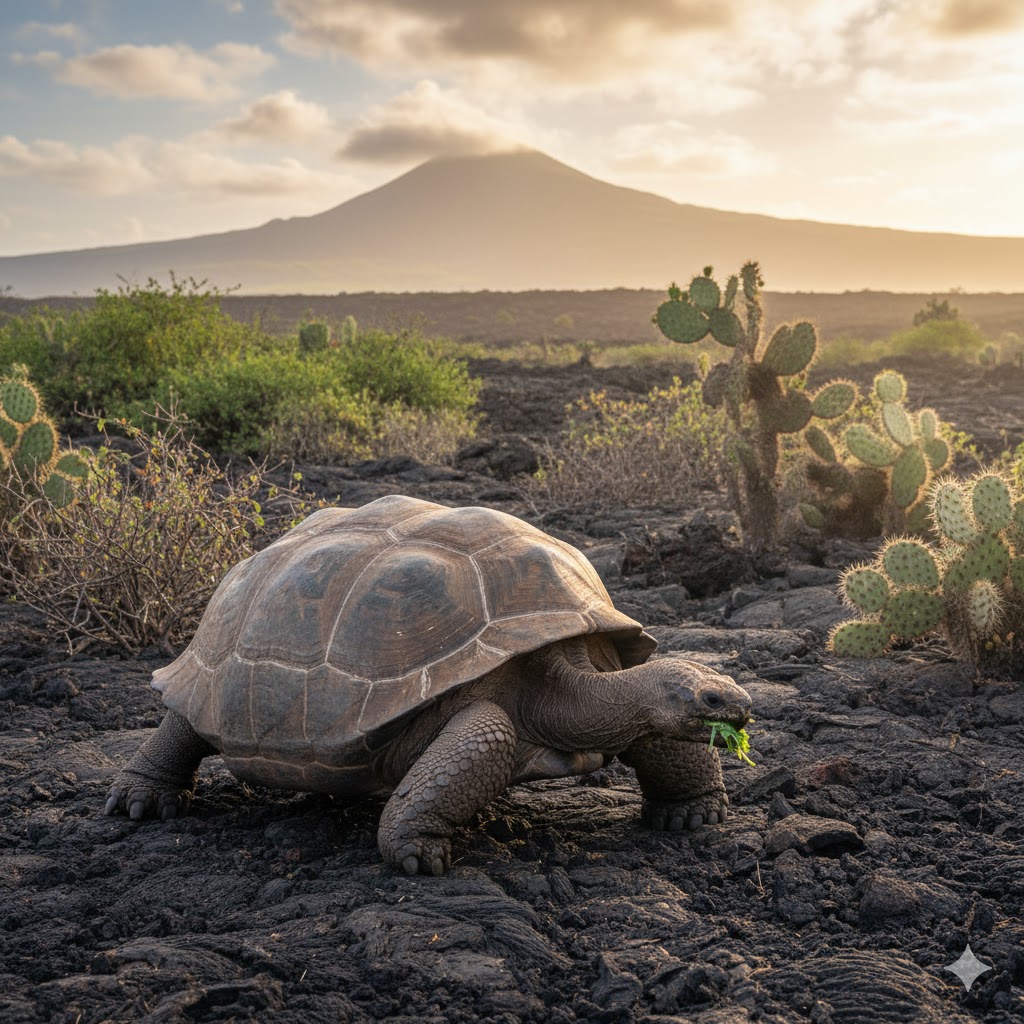 Giant tortoise walking on Galápagos island landscape, Ecuador