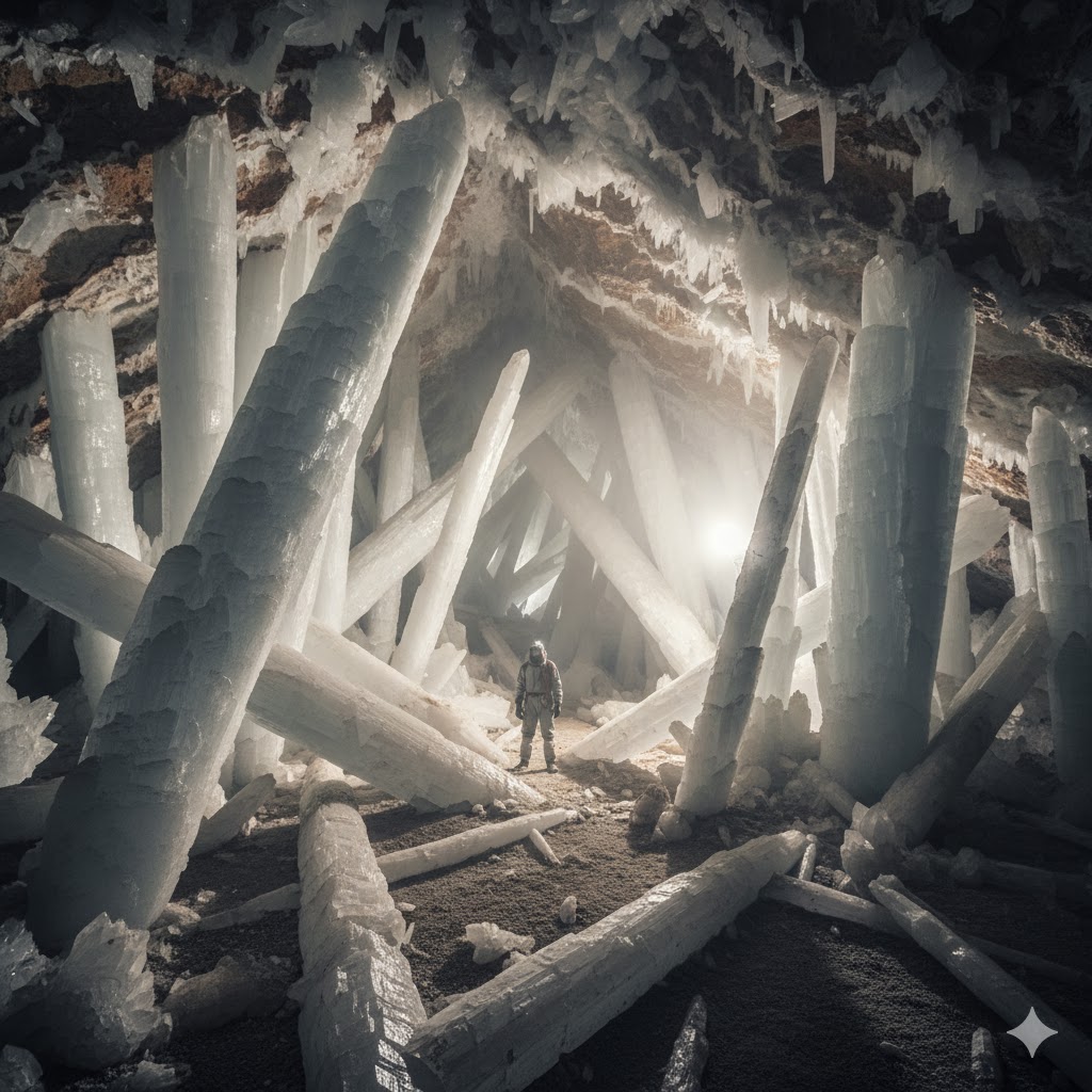 Giant white selenite crystals inside Naica Cave in Mexico. 