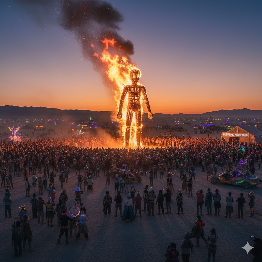 Giant wooden effigy burning at sunset during Burning Man 2026 in Nevada desert.