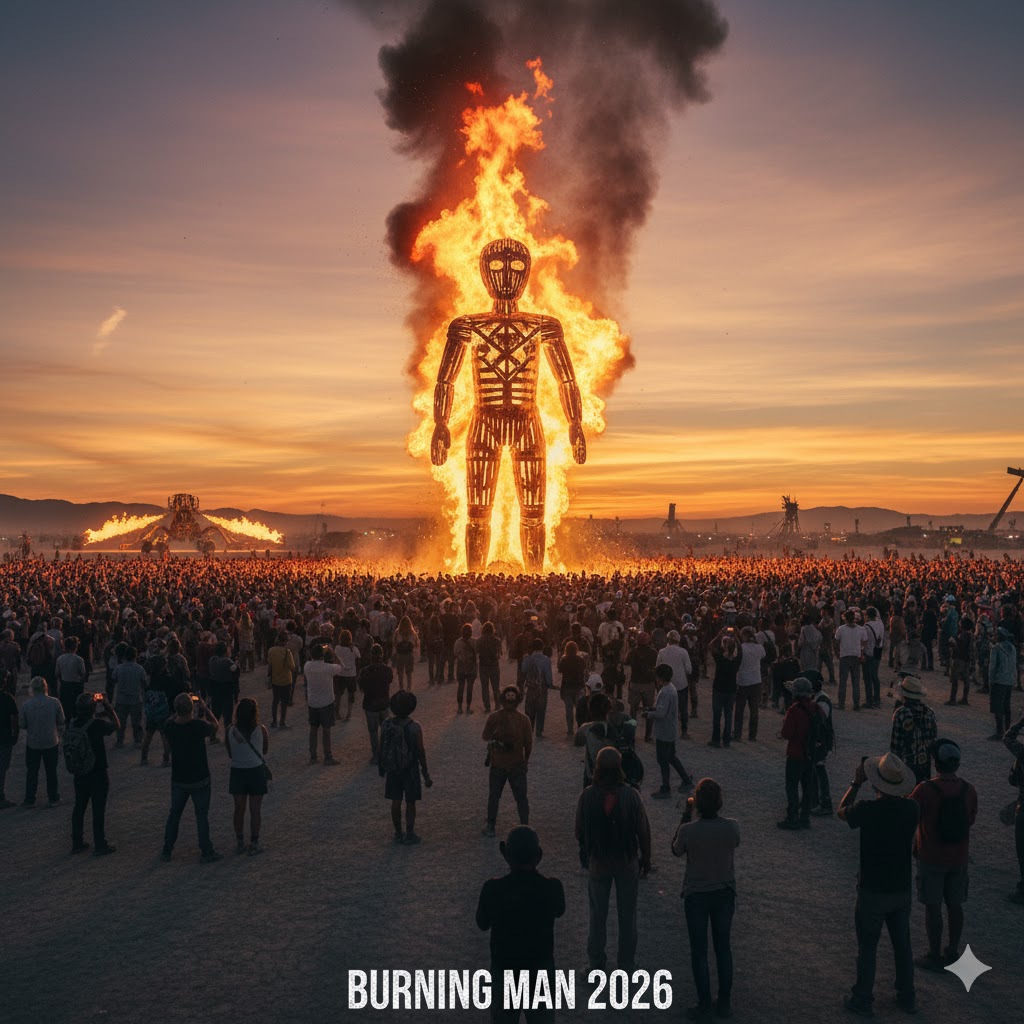 Giant wooden sculpture burning at sunset during Burning Man 2026 Nevada desert