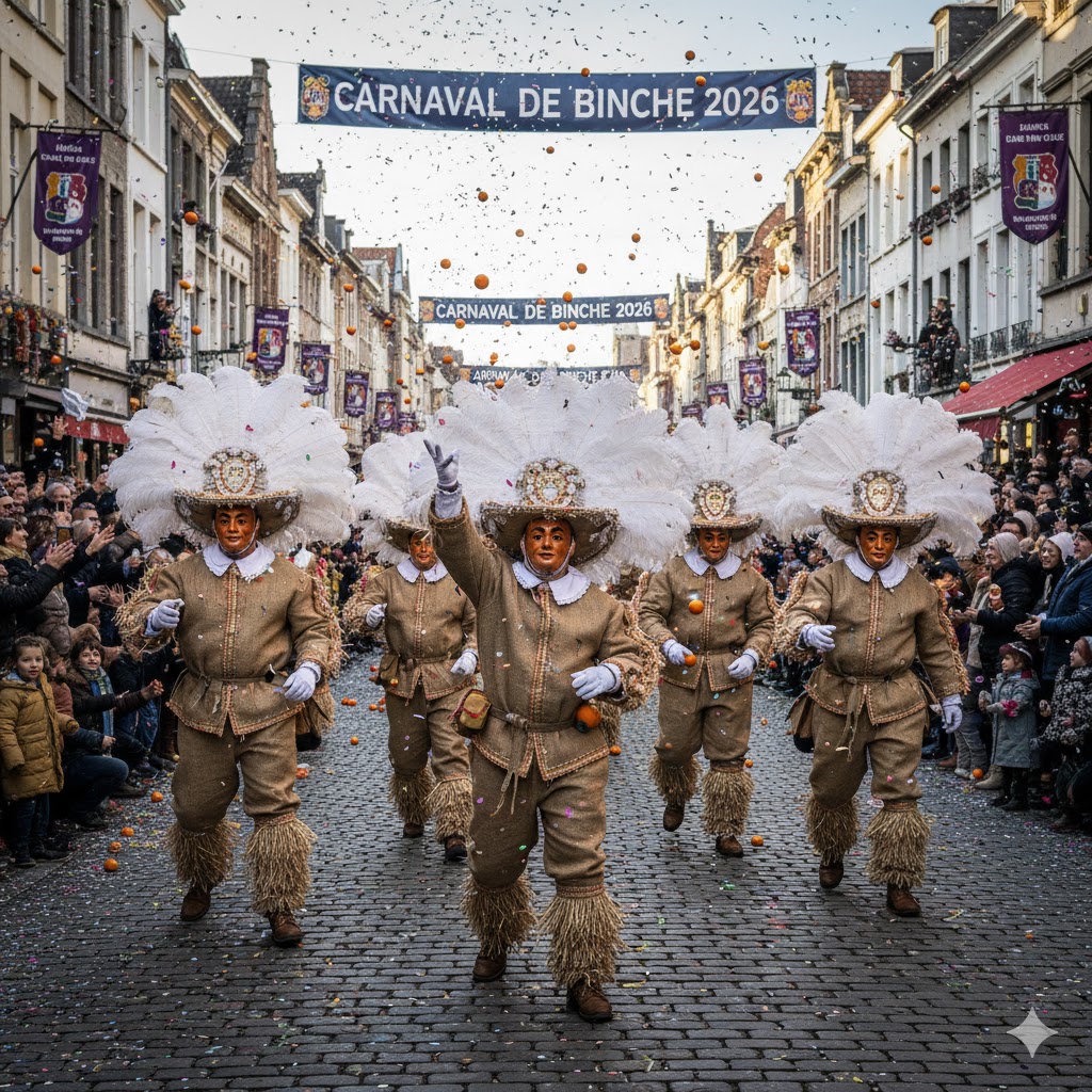 Gilles in feathered hats throwing oranges at Carnival of Binche 2026 parade