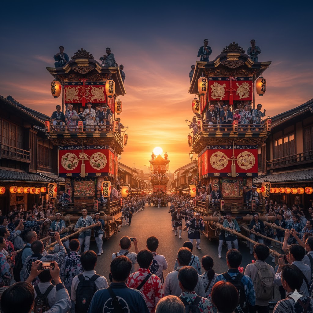 Gion Matsuri parade floats moving through Kyoto streets at sunset